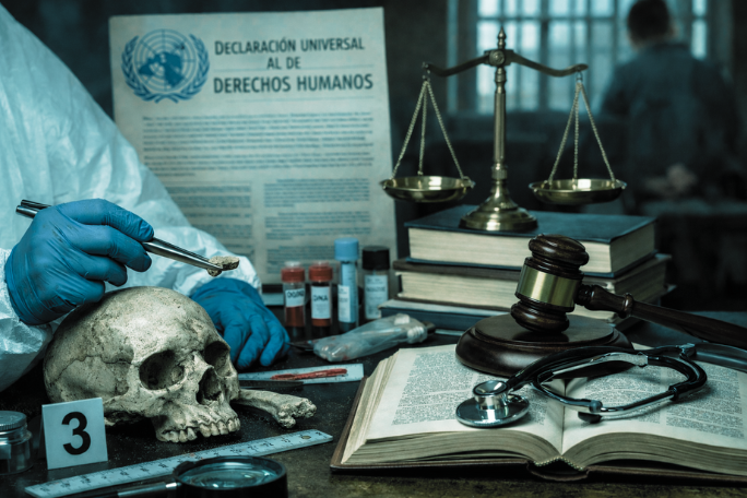 Mesa de trabajo de medicina legal con cráneo humano, balanza de justicia, martillo judicial y documentos de derechos humanos.