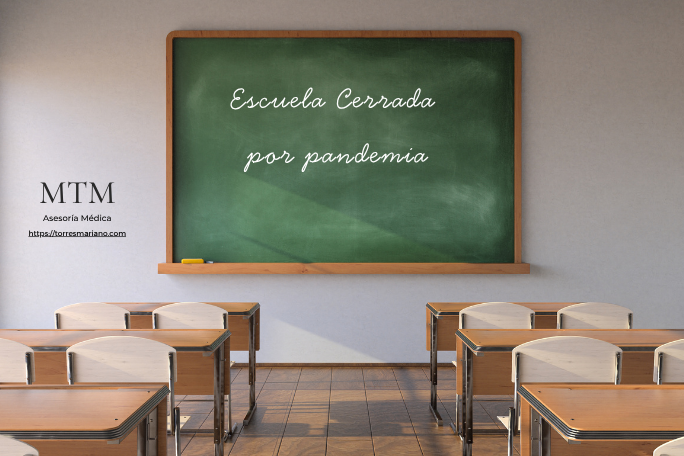 Aula con bancos vacío y en el pizarrón escrito "Escuela cerrada por pandemia"