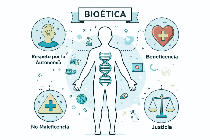 Representación gráfica de la bioética en el ser humano, integrando genética, medicina y los cuatro principios éticos fundamentales.