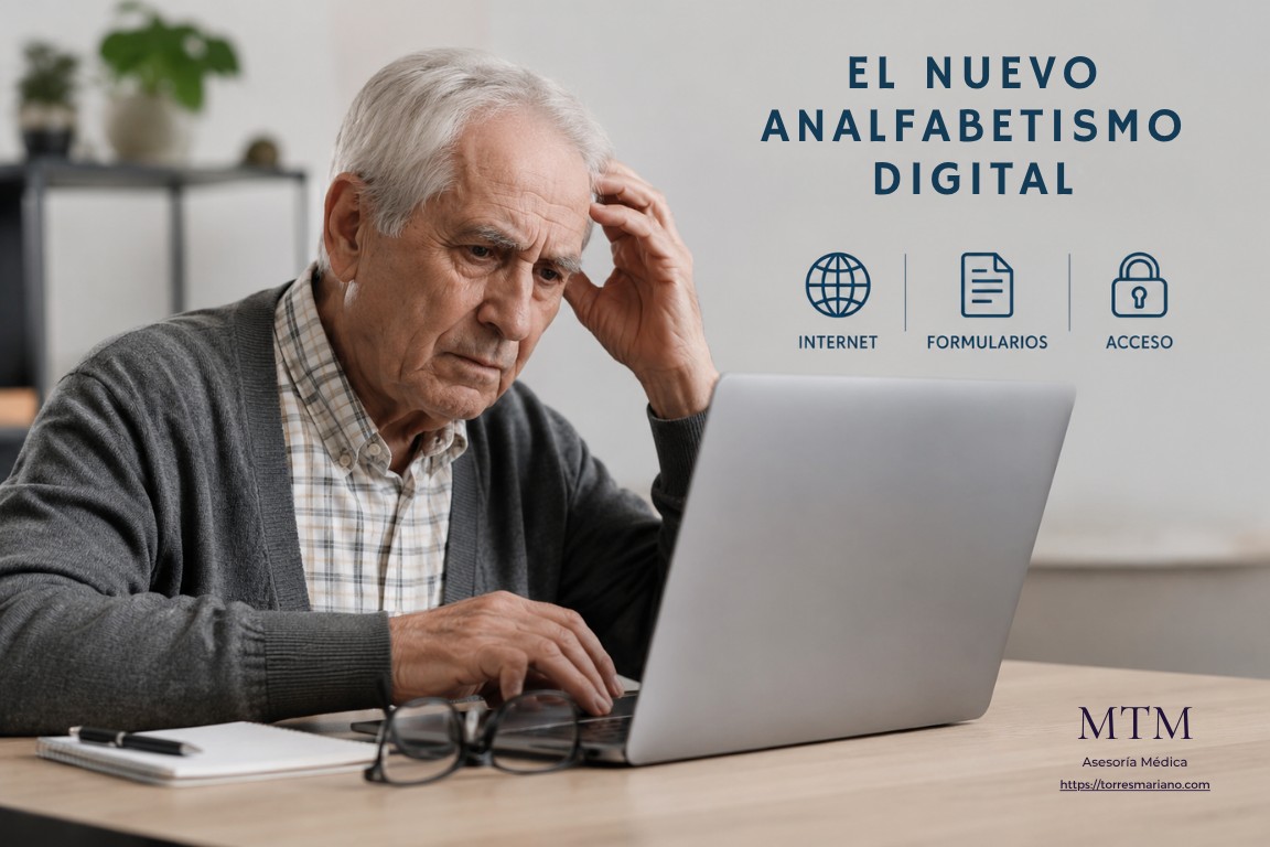 Adulto mayor preocupado utilizando una computadora portátil para realizar trámites digitales, representando la exclusión digital y las dificultades tecnológicas en personas mayores.