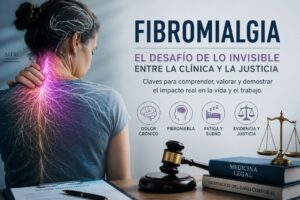 Mujer con dolor cervical y dorsal representado mediante una ilustración neurológica luminosa, junto a elementos de medicina legal y justicia, en una imagen sobre fibromialgia, incapacidad laboral y valoración pericial.