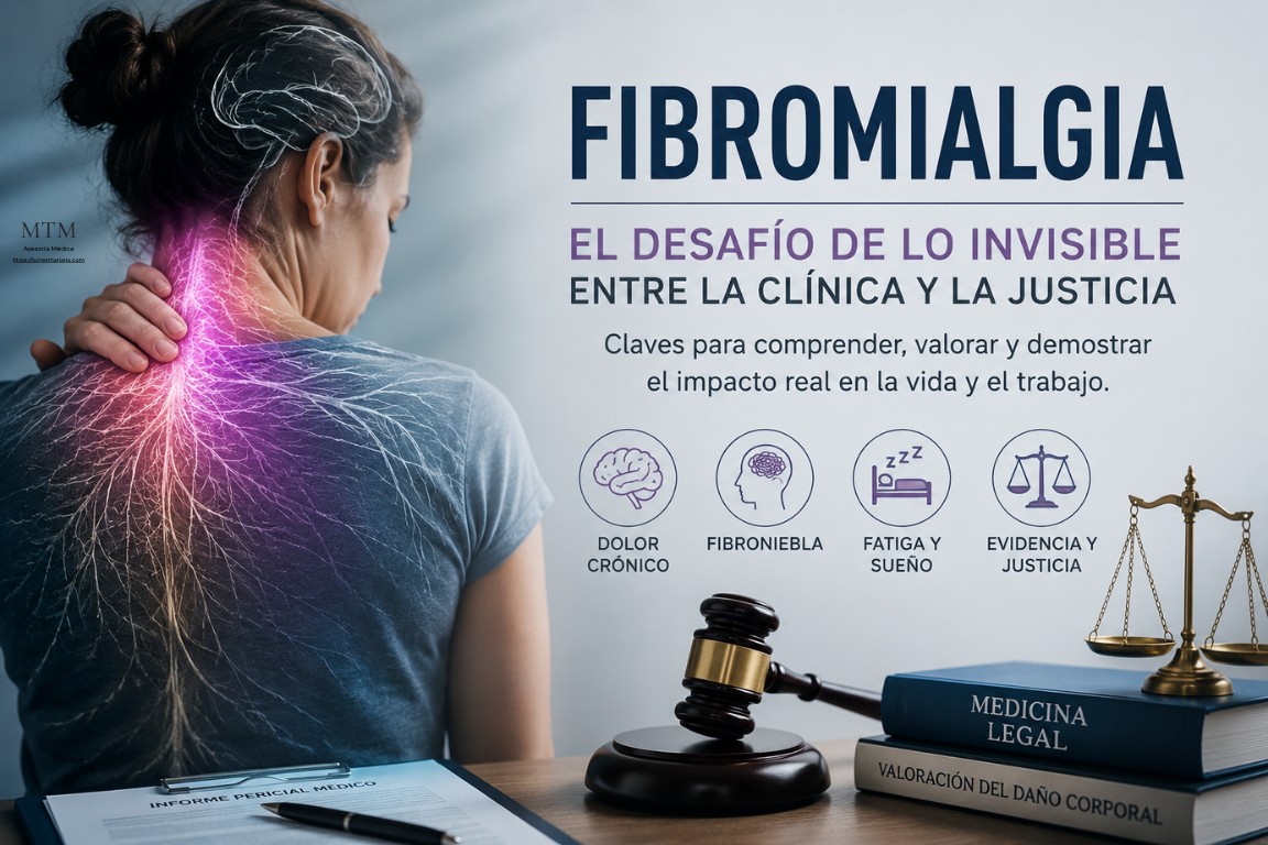 Mujer con dolor cervical y dorsal representado mediante una ilustración neurológica luminosa, junto a elementos de medicina legal y justicia, en una imagen sobre fibromialgia, incapacidad laboral y valoración pericial.