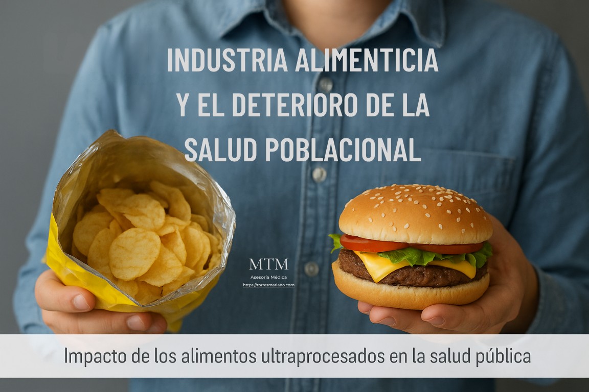 Persona sosteniendo una hamburguesa y una bolsa de papas fritas para representar el impacto de los alimentos ultraprocesados y de la industria alimenticia sobre la salud poblacional.