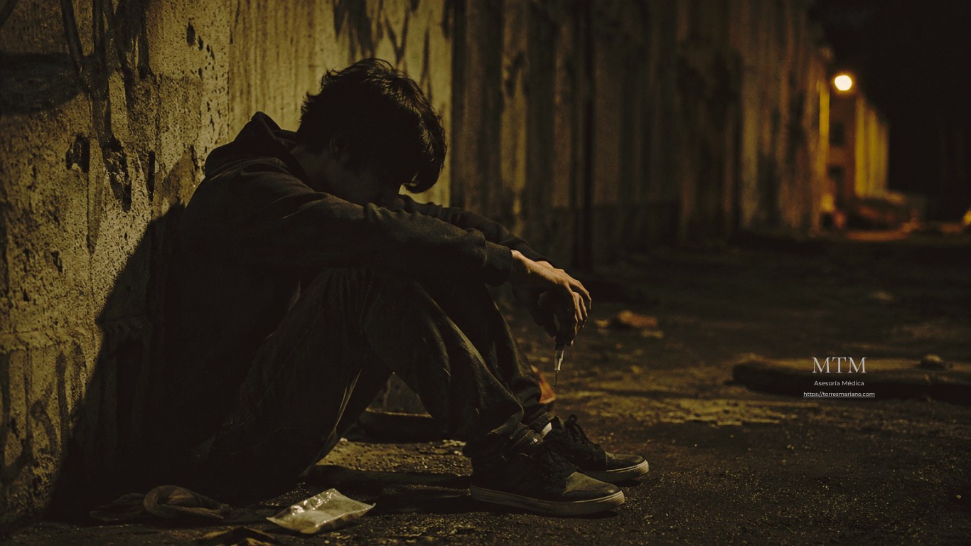 Persona sentada sola en una calle oscura y húmeda durante la noche, en un entorno urbano deteriorado que sugiere vulnerabilidad social, pobreza y problemática de adicciones.