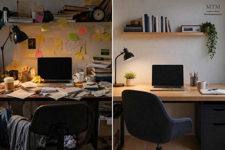Comparación entre un espacio de trabajo desordenado y otro ordenado, mostrando cómo el orden favorece la concentración, el bienestar emocional y la salud mental