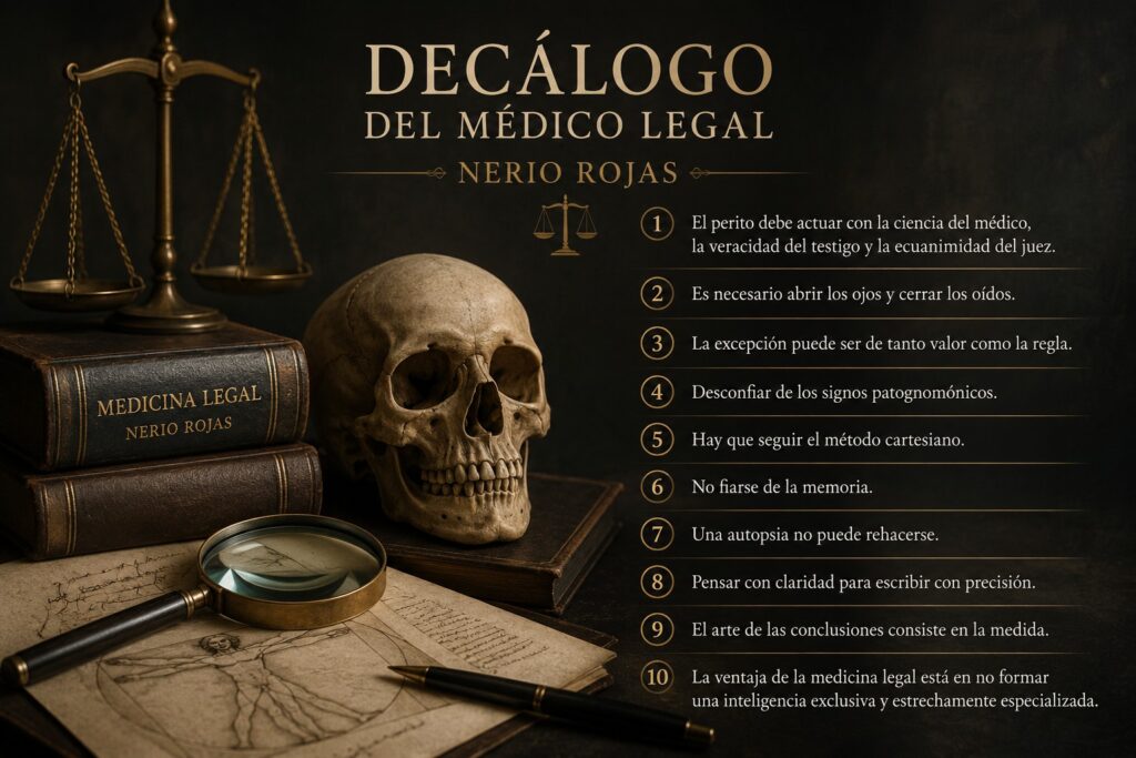 Símbolos que representan al Medico Legista o forense y el decálogo de Rojas Neri