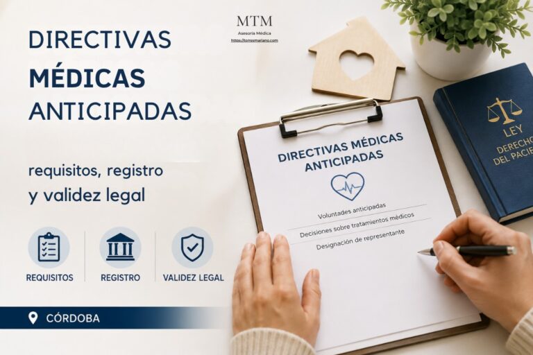 Persona escribiendo una directiva médica anticipada sobre una carpeta, junto a un libro de derechos del paciente. La imagen ilustra el proceso de elaboración, registro y validez legal de las voluntades anticipadas en Córdoba.