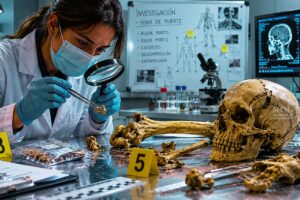 Médica forense examinando restos óseos humanos en un laboratorio de criminalística para determinar la hora de muerte durante una investigación judicial por homicidio.