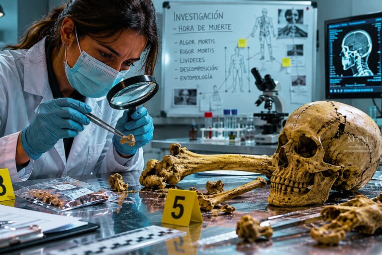 Médica forense examinando restos óseos humanos en un laboratorio de criminalística para determinar la hora de muerte durante una investigación judicial por homicidio.