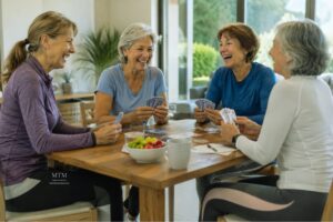 4 mujeres adultas mayores, disfrutando un juego de cartas