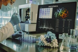 Investigador analizando proteínas mediante equipamiento avanzado de laboratorio, con modelos moleculares y datos bioinformáticos utilizados en estudios de proteómica.