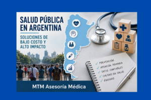 Salud pública en Argentina: mapa del país, símbolos sanitarios y estrategias de prevención, atención primaria y equidad en salud.