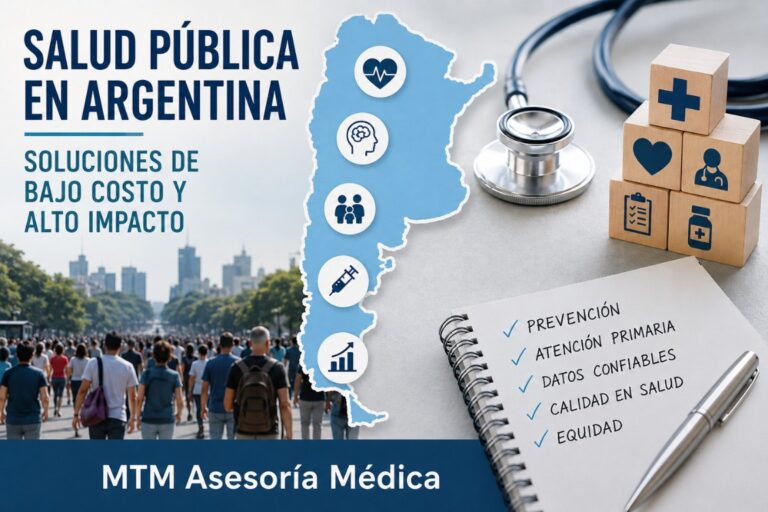 Salud pública en Argentina: mapa del país, símbolos sanitarios y estrategias de prevención, atención primaria y equidad en salud.