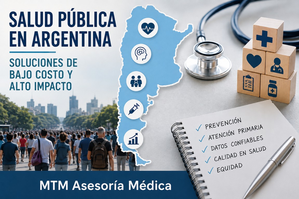 Salud pública en Argentina: mapa del país, símbolos sanitarios y estrategias de prevención, atención primaria y equidad en salud.