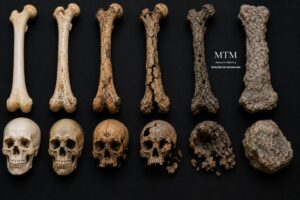 Serie comparativa de cráneos y huesos humanos que muestra diferentes etapas de degradación, meteorización y fosilización, utilizada para el estudio de la tafonomía y la conservación de restos óseos.