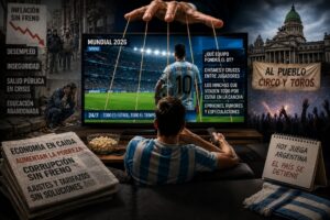 Persona viendo el Mundial de Fútbol por televisión mientras los medios priorizan noticias deportivas en un contexto de crisis económica y social en Argentina.