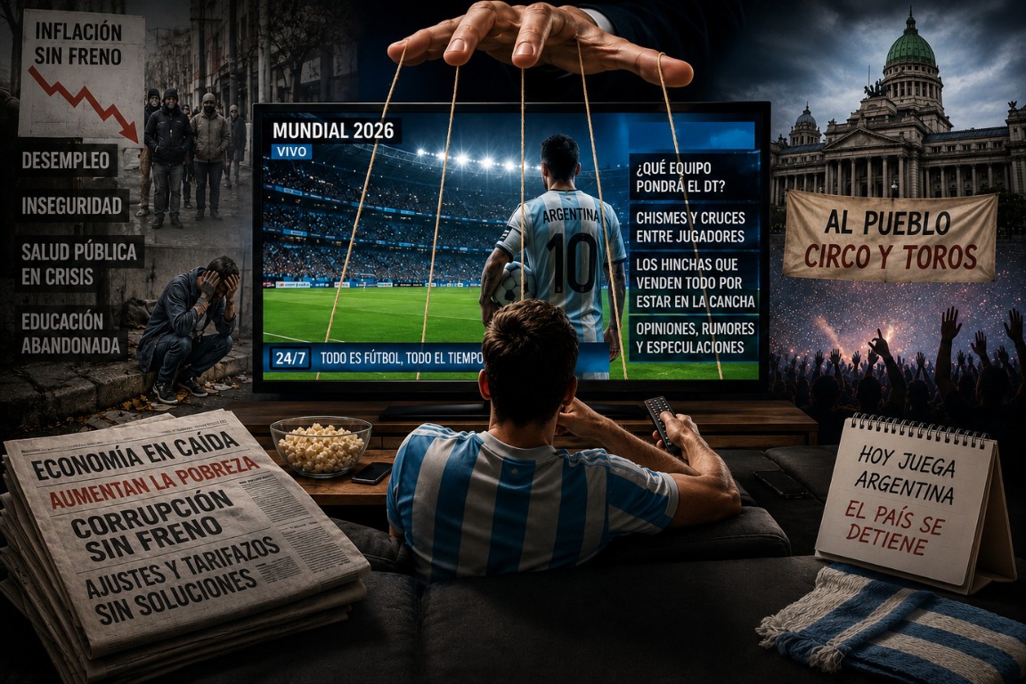 Persona viendo el Mundial de Fútbol por televisión mientras los medios priorizan noticias deportivas en un contexto de crisis económica y social en Argentina.