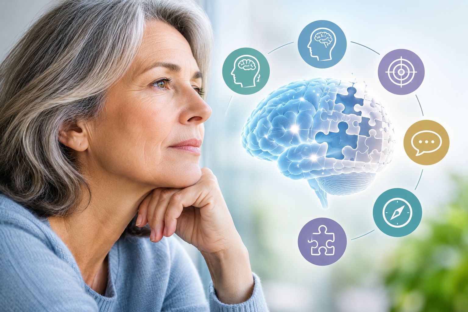 Mujer adulta mayor junto a una representación del cerebro que simboliza el deterioro cognitivo y las funciones de memoria, atención, comunicación, orientación y resolución de problemas.