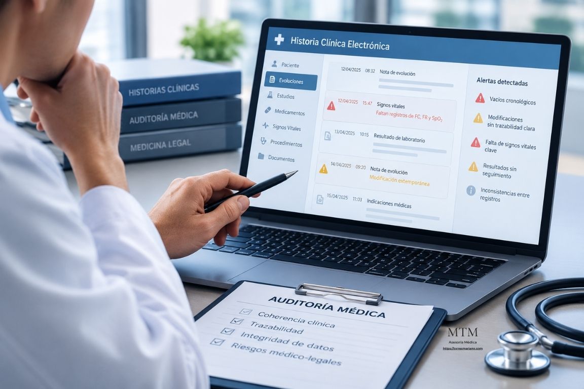 Auditor médico evaluando una historia clínica digital