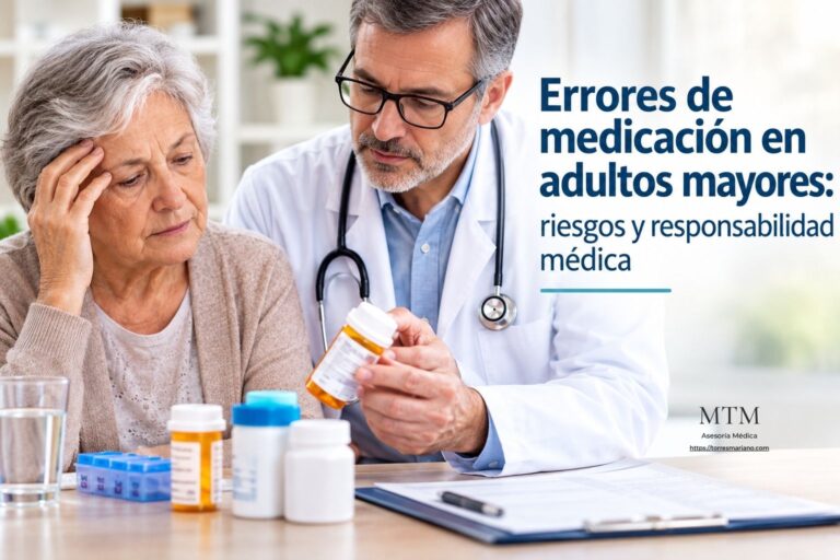 Médico revisando la medicación de una mujer adulta mayor junto a varios envases de medicamentos y un pastillero. Imagen ilustrativa sobre los errores de medicación, la polifarmacia y la responsabilidad médica en adultos mayores.